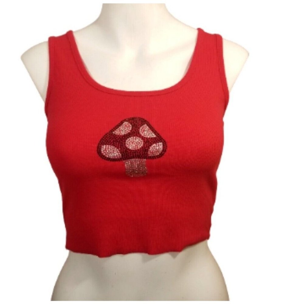 Tank Top Cropped Medium Red Mushroom Print Casual Sleeveless Rhinestone Bling